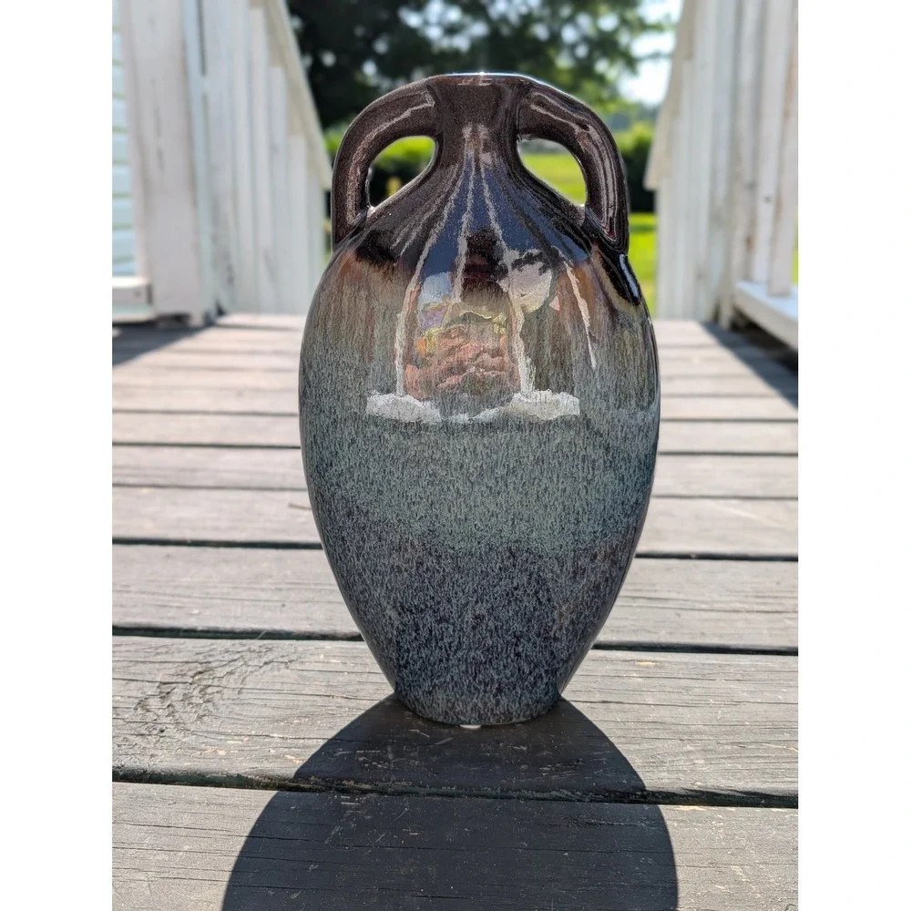 Vintage Ceramic Vase Medium Blue Brown Excellent Drip Glaze Amphora Decor